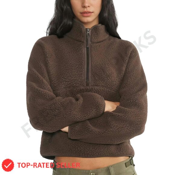 Cropped Half Zip Sherpa Pullover Fuzzy Fleece Sweatshirt Cozy Chic